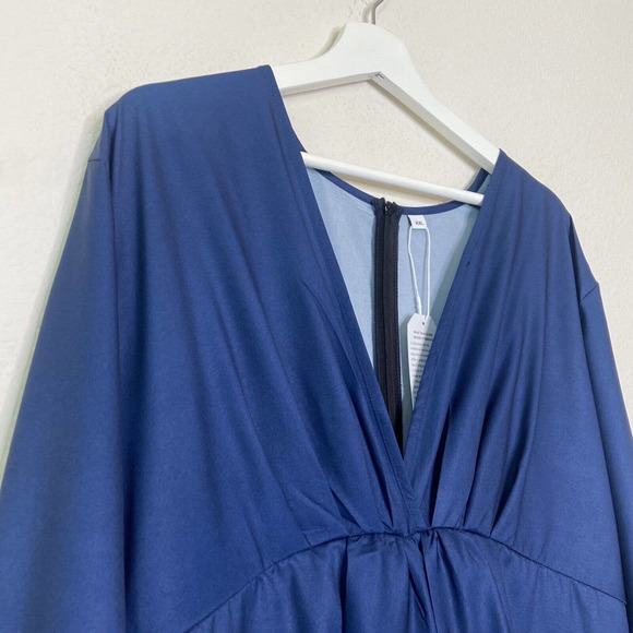 Navy Front Panel Faux Wrap Leaf Pattern Long Sleeved Ruched Navy Dress XXL NWT - Picture 2 of 11